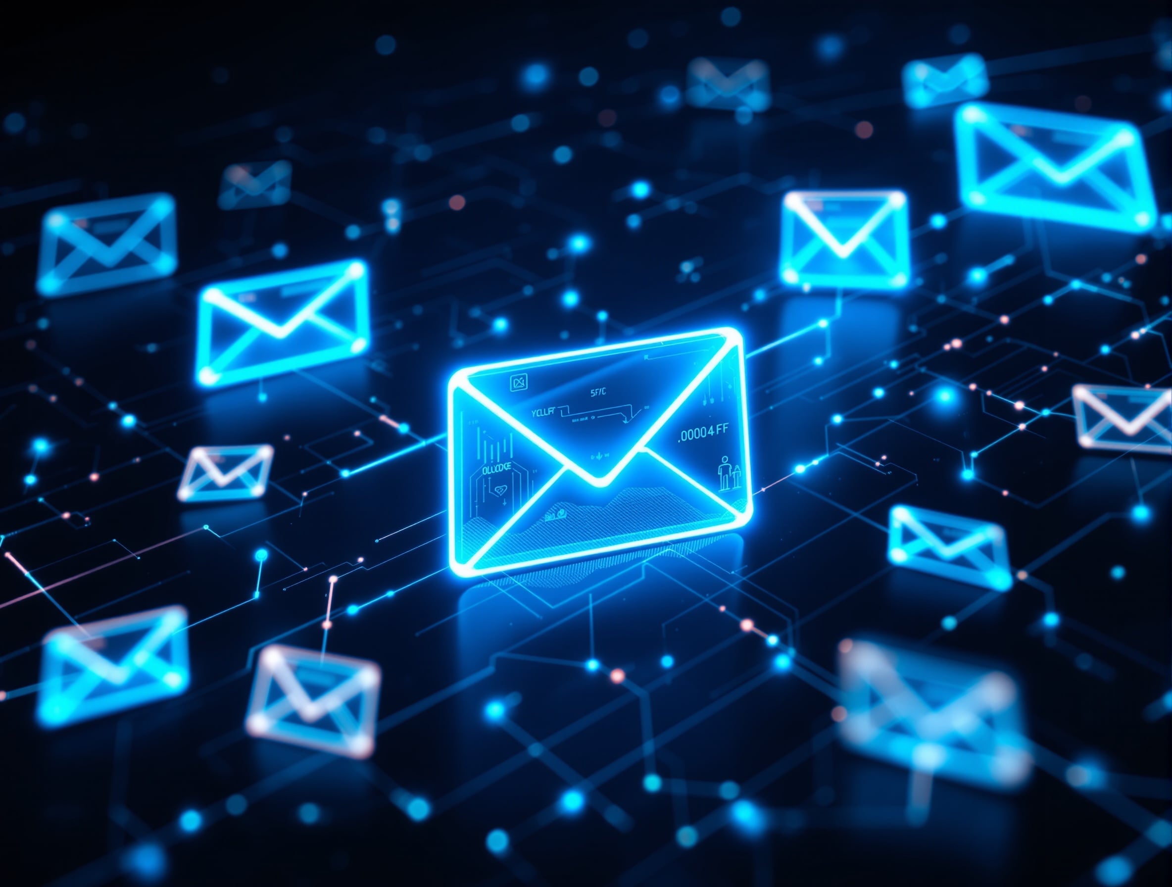 Futuristic email automation workflow with glowing envelopes flowing through connected pipeline nodes