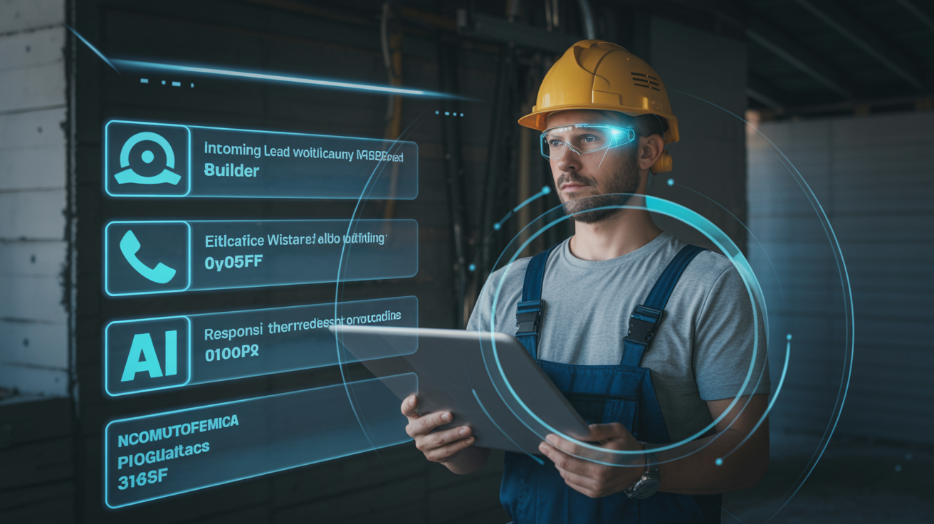 Service professional on job site with AI-powered lead management overlay